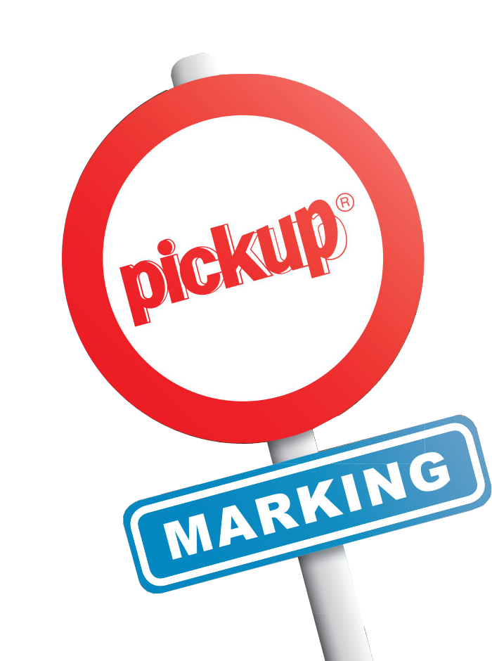 Een verkeersbord met het logo van Pickup en de tekst 'marking'