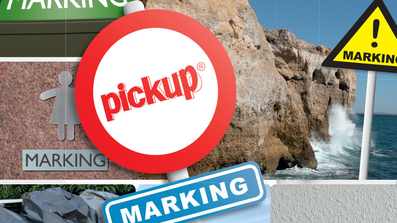 Het logo van Pickup met enkele markeringen en symbolen